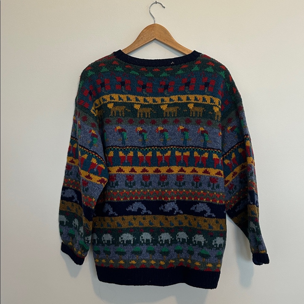 Vintage LL Bean Wool Cardigan Sweater Animals Flowers Colorful Size Large - Picture 3 of 6